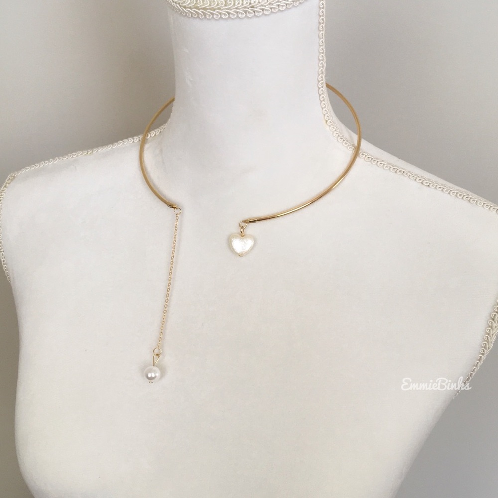 💥3for$28 New Faux Pearl Open Cuff Heart Necklace Drop Pearl Statement Necklace - Picture 4 of 15